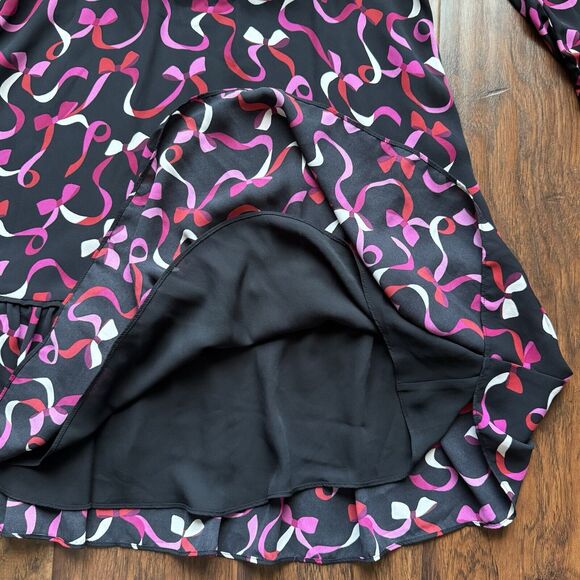 Kate Spade NY Dress Sz 6 Bow Print Ruffle Hem Black Pink Red Holiday Party - Picture 11 of 15